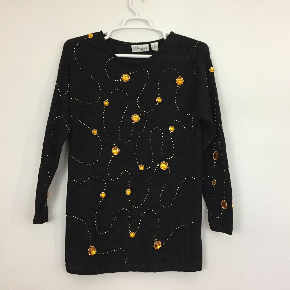 (JL) VTG Donagain Women's Sweater Size M Rhinestone Embellished Grandma Black